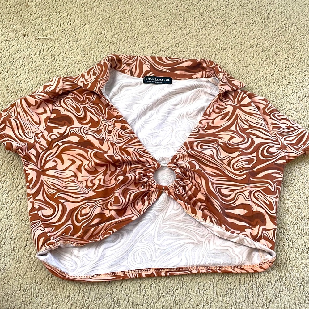 Brown swirled cross-over crop top